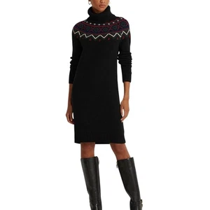 Lauren Ralph Lauren Black Knit Sweater Dress w/ Green, Red, & Blue Stitching NWT - Picture 1 of 9