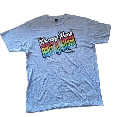 复古 80 年代 Tultex 蓝色/彩虹 Dorney Park 男式 T 恤,尺寸 L — 第 1/4 张图片