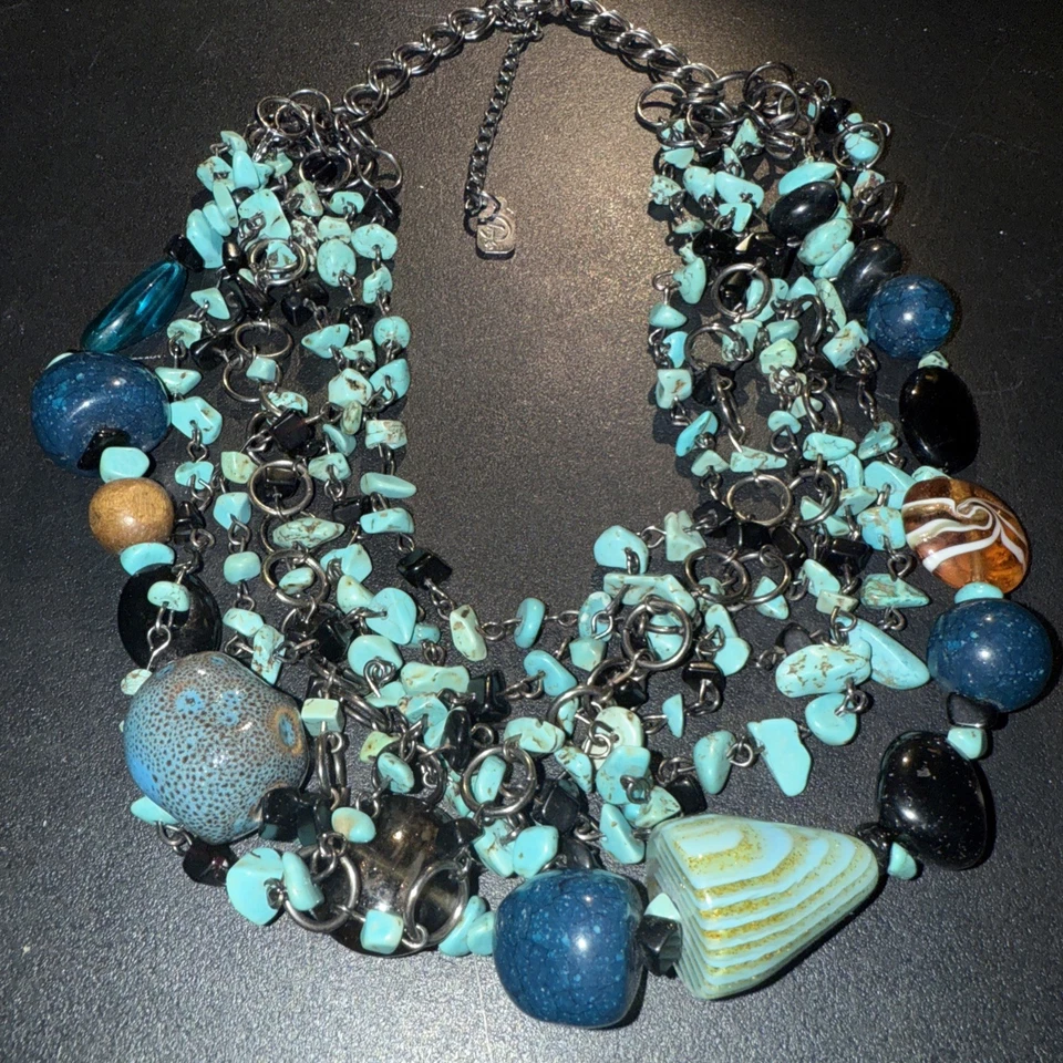 Винтажный черный обсидиан бирюза серебро тонированный подвеска ожерелье с подписью Yousi - Изображение 1 из 4