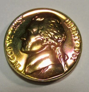 AMAZING RAINBOW TONED 1961 JEFFERSON NICKEL GEM PROOF--PHOTOS ARE VERY ACCURATE! - Picture 1 of 4