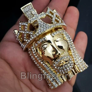 HIP HOP ICED 14K GOLD PLATED BLING LAB DIAMOND LARGE KING JESUS HEAD PENDANT - Picture 1 of 4