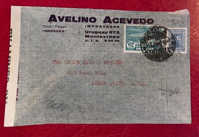 Fita censuradora selos 62c 12c capa correio aéreo Montevidéu Uruguai para Akron OH Segunda Guerra Mundial - Imagem 1 de 3