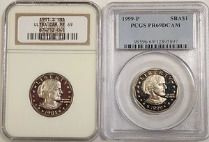 (2) 1981 & 1999 Proof Susan B. Anthony Silver Dollars PCGS PR69 DCAM NGC PF69 UC - Picture 1 of 2
