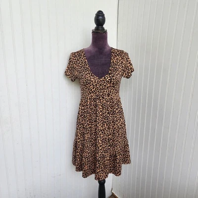 Blue Rain Leopard VNeck Short Sleeve Tiered Mini Dress Women Stretch Babydoll M - Image 1 of 4