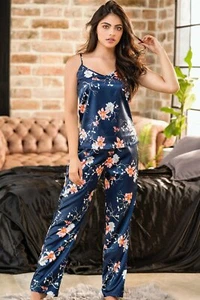 Luxe Navy Blue Floral Satin Longs Pyjama Set - Picture 1 of 3