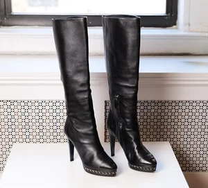 Chanel Black Leather Knee Chain Link CC High High Heel Boots (Size 39) - Picture 1 of 14