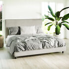 Bed Base Frame Upholstered Linen Fabric W/ Cushioned Headboard Timbre Legs Grey