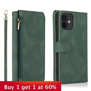 Phone Case For iPhone 16 15 14 13 12 Pro Max XS XR 8 7 Zipper Leather Wallet - Picture 1 of 10