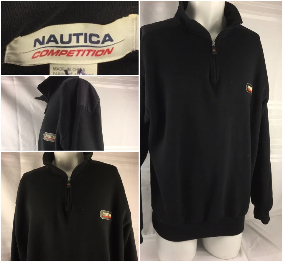 Pullover Nautica Competition Grande Negro 1/4 Cremallera Algodón Poli Usado en Excelente Condición YGI 61tt Foto 1 de 4