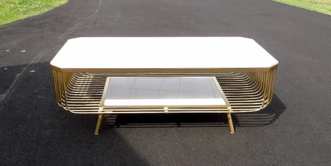 Vintage MCM Mid Century Modern Gold Metal White Stone Tile Top Coffee Table Cover
