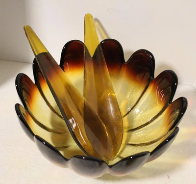 Salad Bowl Set w Plastic Utensils/ Gold Glass w Brown Petal Shaped Rim/1960's - Image 1 of 4