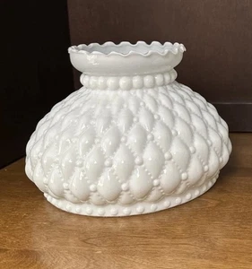 1 Hurricane Lamp Shade Quilted Diamonds Beaded White Milk Glass 6.75” Fitter VTG - Picture 1 of 7