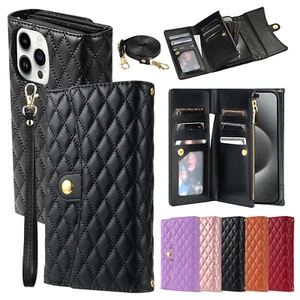For iPhone 15 14 13 12 11 XR 8 7 Retro Crossbody Leather Card Slots Wallet Case - Picture 1 of 36