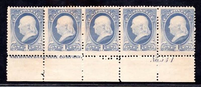 US 1881 SCOTT #206 STRIP OF 5 WITH PLATE # MINT HINGED ORIGINAL GUM - Image 1 of 2
