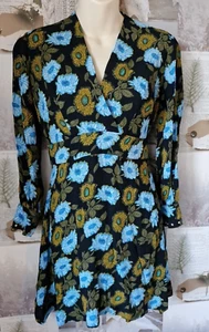 Mini Vestido Sandro Azul Estampado Floral Negro Crepe Diamante Manga Talla 0 UK 6 - Imagen 1 de 4