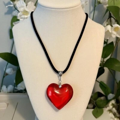 Large Red  Glass Crystal Heart Pendant Charm Necklace Love Necklace Chunky 3D - Image 1 of 4