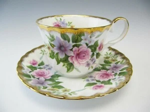 Regency England Cup & Saucer Rose Bouquet Wide Gold Gilt Trim Bone China - Picture 1 of 9