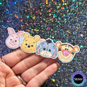 Cute Chibi Winnie the Pooh Faces Holographic Vinyl-Coated Sticker | Handmade Dec - Picture 1 of 3
