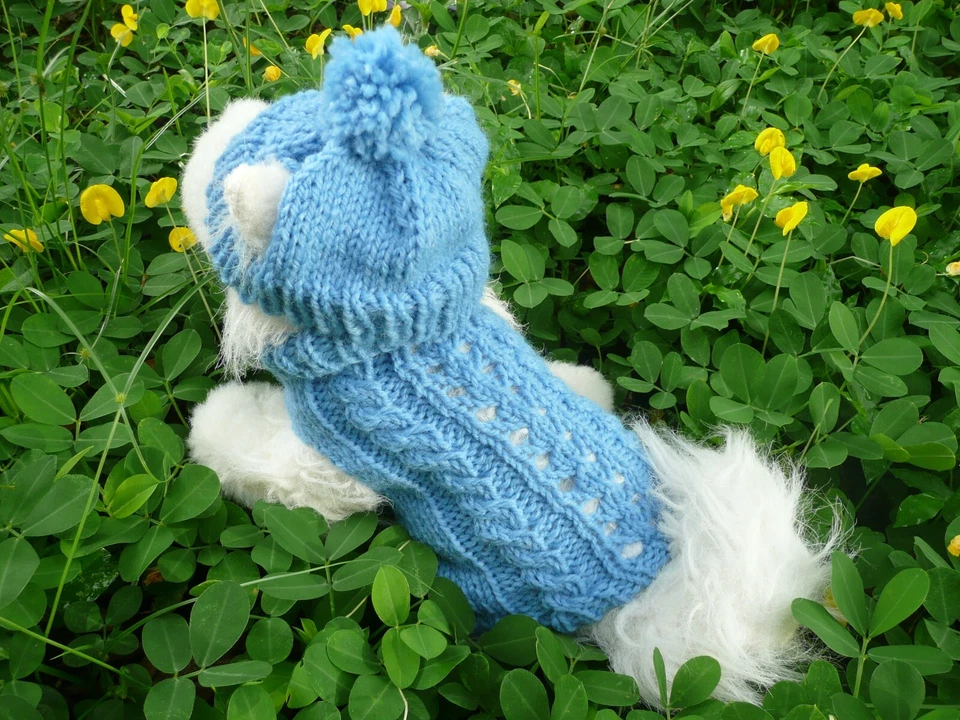 XXS handmade knit blue dog Sweater &Hat Set - Image 1 of 1