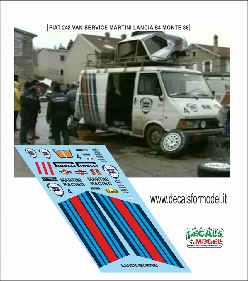 DECALS 1:43 FIAT 242 VAN SERVICE MARTINI RACING LANCIA S4 MONTECARLO 1986 - Immagine 1 di 1