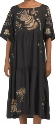 Vestido sin Mangas Johnny Was $495 Negro Seda Antonia Raglán Bordado en Niveles, Talla M Foto 1 de 4