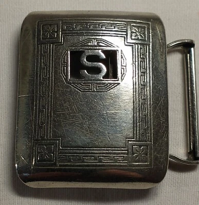 Antique Art Deco Belt Buckle Letter "S" Greek Key Silver Face Giant Grip Company - Image 1 of 4