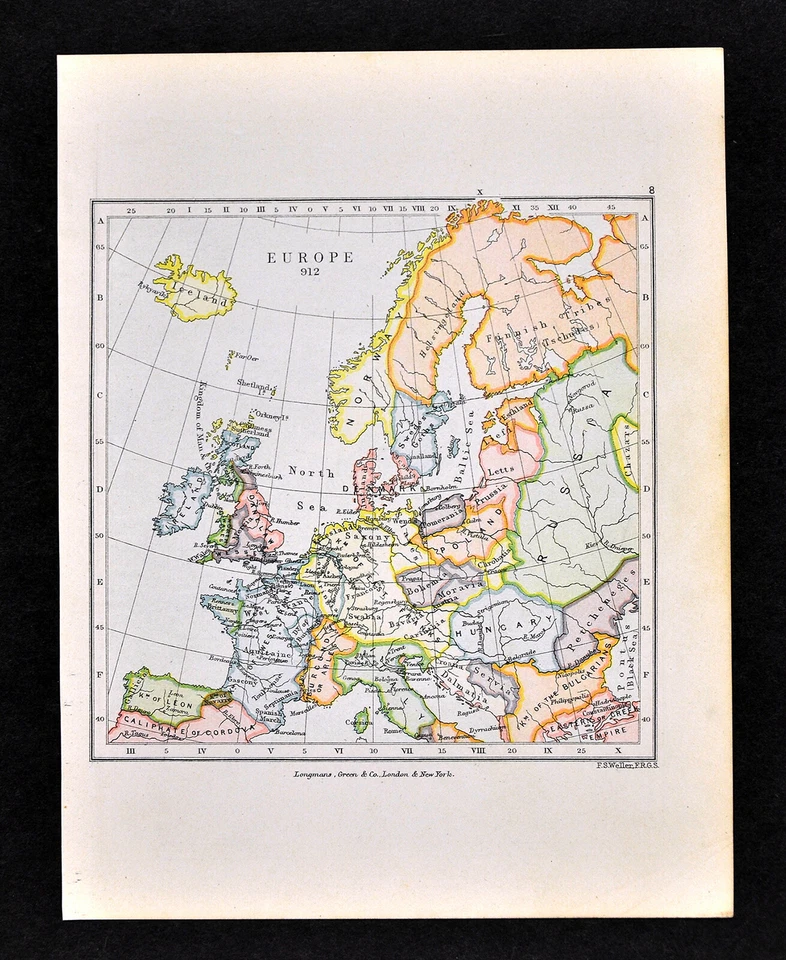1892 Map of Europe in 912 Franks Saxony Cordoba Spain Italy Hungary Germany UK - Image 1 of 1