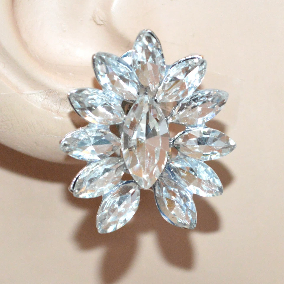 Orecchini donna a clips argento cristalli trasparenti bottone lobo gocce UW123 - Immagine 1 di 1