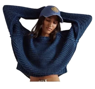 NUEVO SUÉTER FREE PEOPLE WE THE FREE MAYÓLICA AZUL ESENCIAL TEJIDO LINO CREW S Foto 1 de 4