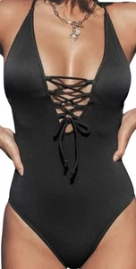 Cupshe -Black Ribbed Plunge Lace Up Criss Cross Back One Piece Swimsuit XXL - Picture 1 of 4