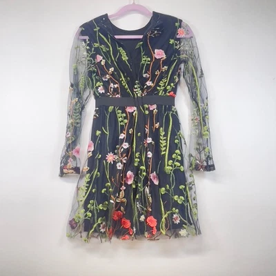 Floral Embroidered Mini Dress Black Sheer Long Sleeve Party Cocktail - Image 1 of 4