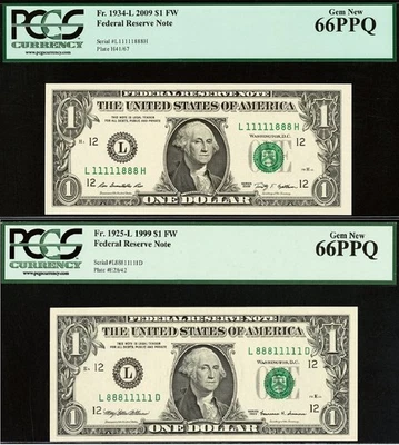 1999 & 2009 $1 FRN PCGS 66PPQ Fancy Binary Serial Number 11111888/88811111 - Image 1 of 4