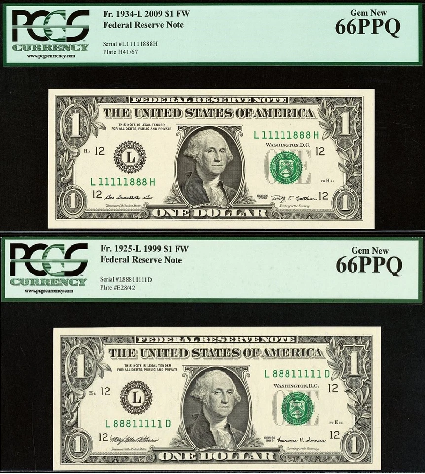 1999 & 2009 $1 FRN PCGS 66PPQ Fancy Binary Serial Number 11111888/88811111 - Image 1 of 4