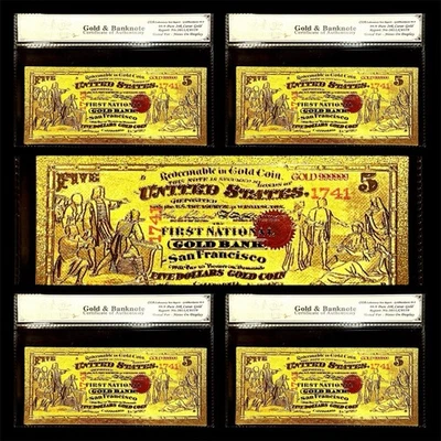 LOT X 5 1870 $5 BILL UNITED STATES 24K GOLD BANKNOTES IN PROTECTIVE SLEEVE COA - Image 1 of 4