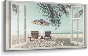 Beach Canvas Wall Art Bedroom: Large Living Room Window View Tropical Coastal La - Picture 1 of 6