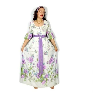 Purple White Falling Flowers Maxi Dress Puff Sleeves Maxine Vintage Cottagecore - Picture 1 of 12