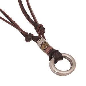 Mens Handmade Genuine Leather 2 Circles Pendant Brown Surfer Necklace - Picture 1 of 6