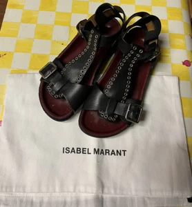 Isabel Marant Lennyo Studded Black Leather Sandals Shoes Slides Size 37 - Picture 1 of 9