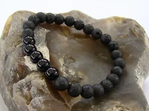 8 mm Schwarz Turmalin & Lavagestein Runde Perlen Dehnbar Armband 6-9 Zoll Männer Frau - Bild 1 von 10