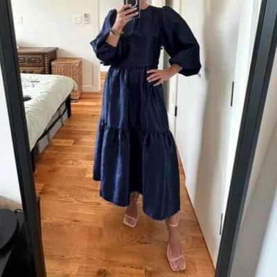 Topshop Womens Textured Metallic Blue Midi Dress Size 8 Fairy Cutout Whimsigoth - Image 1 of 4