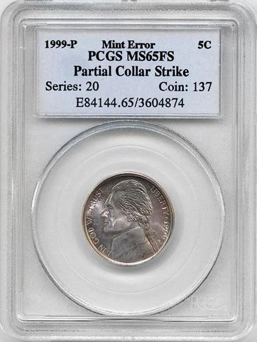 1999-P U.S. Mint Error Jefferson Nickel Partial Collar Strike PCGS MS65FS Cover
