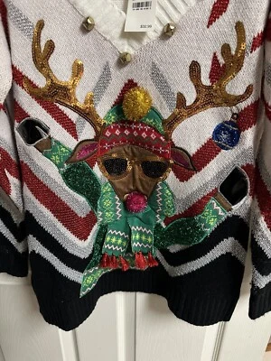 Suéter Feo Navidad Rudolf Rojo Nariz Reno con Gafas Campanas Pequeño Nuevo con Etiquetas Foto 1 de 4