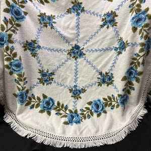 Mantel Vintage Floral Redondo Azul Flecos 50" FLORES Terry Años 60 BRILLANTE - Imagen 1 de 4