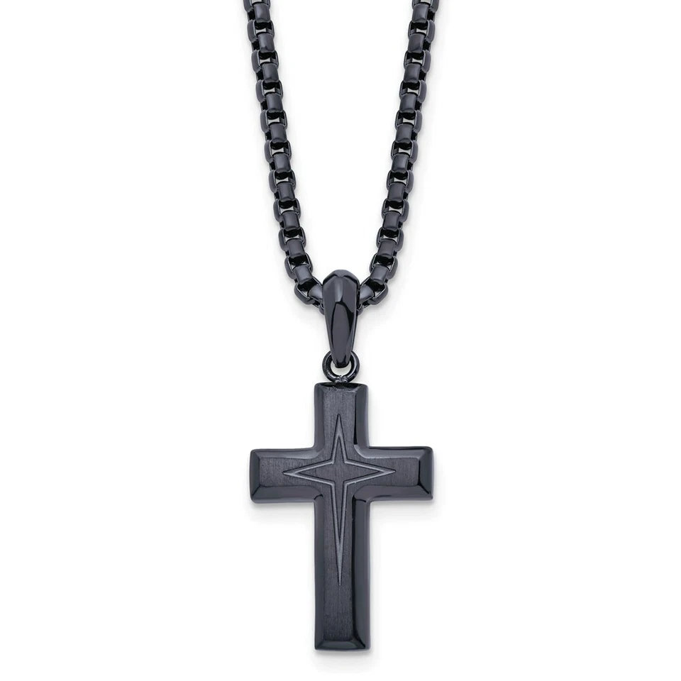 Stainless Steel Brushed and Polished Dark Grey IP 24in Cross Necklace - Image 1 of 1