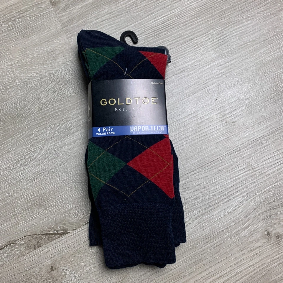 Gold Toe Mens Socks 4 Pack Vapor Tech Moisture Control Argyle Green Red Navy - Image 1 of 4