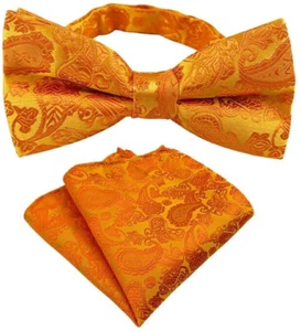 New Mens Pre-Tied adjustable Bow Tie Paisley Orange Silk Bowtie Hanky Party - Picture 1 of 1