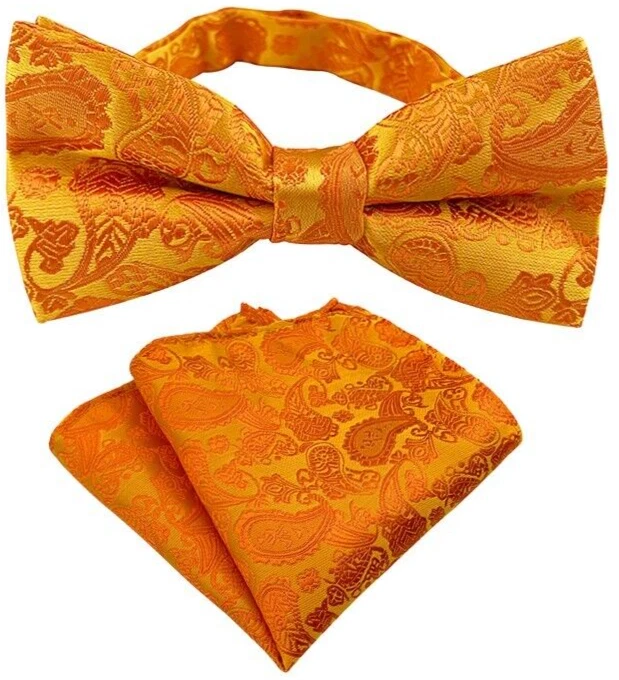 New Mens Pre-Tied adjustable Bow Tie Paisley Orange Silk Bowtie Hanky Party - image 1 of 1