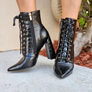 Women's Pointed Toe Chunky High Heel Lace Up Boots Black Color - Picture 1 of 6