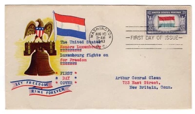 #912 Luxembourg WWII Overrun Nations Series 1943 FDC - Typed w/ Paste-on & Print - Image 1 of 2