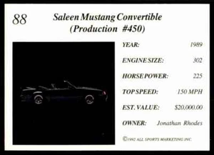 1992 All Sports Exotic Dreams 1989 Saleen Mustang #88 - Imagen 1 de 2